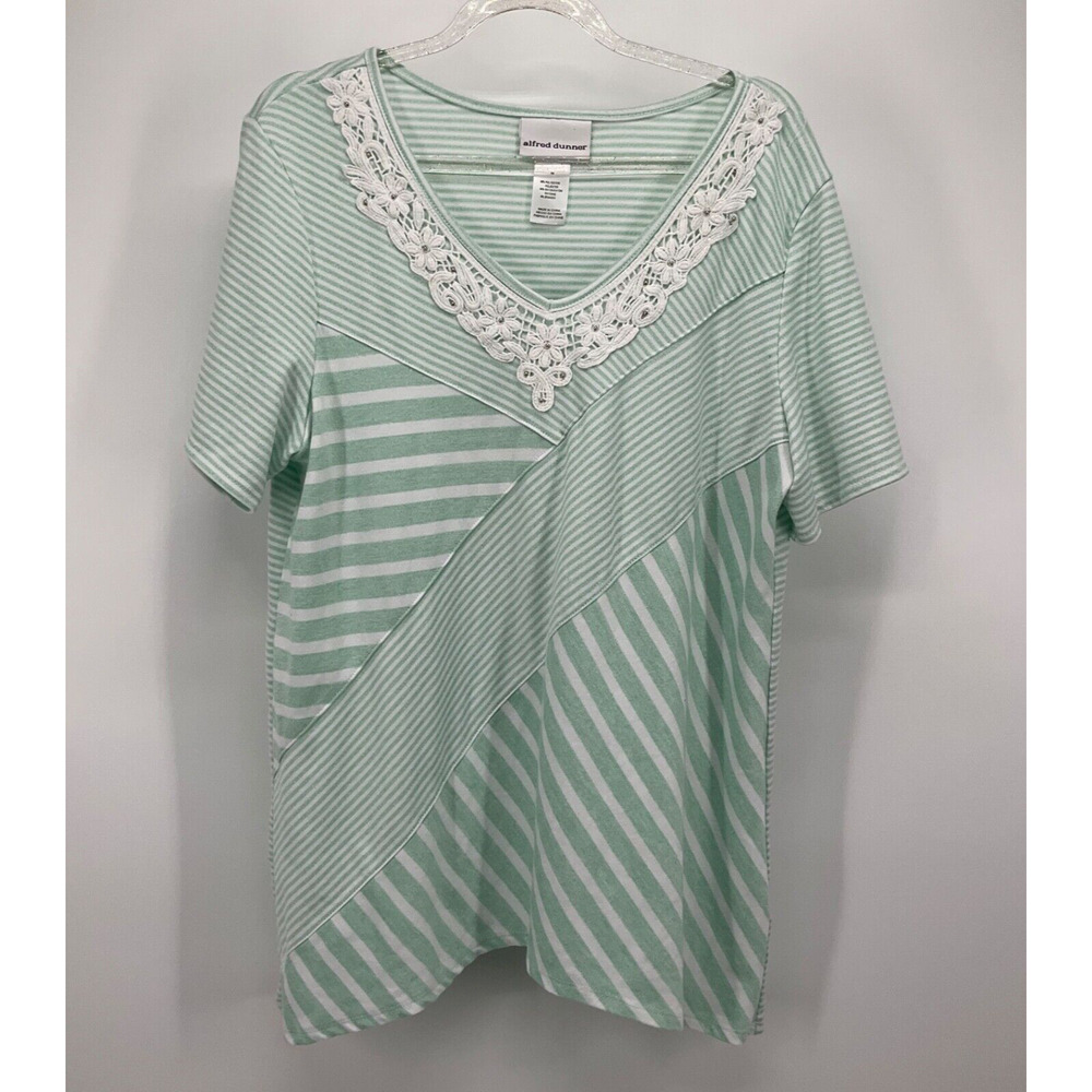 Alfred Dunner Striped Lace V Neck Top M Cottagecore Coastal Grandma Green White